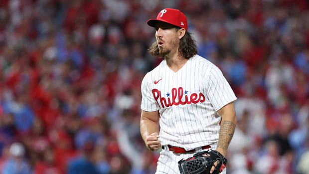 Oct 23, 2023; Philadelphia, Pennsylvania, USA; Philadelphia Phillies starting pitcher Michael Lorenzen (22) celebrates after the fifth inning against the Arizona Diamondbacks in game six of the NLCS for the 2023 MLB playoffs at Citizens Bank Park. Mandatory Credit: Bill Streicher-USA TODAY Sports